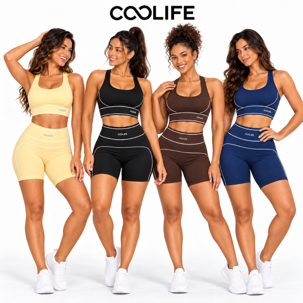 Conjunto Fitness Feminino Top e Short Poliamida Zero Transparência Alta Compressão Bojo Removível Academia