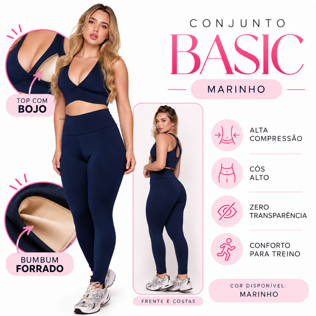 Conjunto Academia Fitness Feminino Marinho Top com Bojo + Calça Forrada Treino Zero Transparência AQN SPORT
