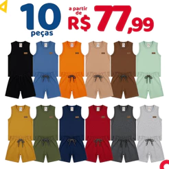 Kit 10 Peças Monocromático Roupa Infantil Menino Conjunto Regata Verão Masculino Algodão