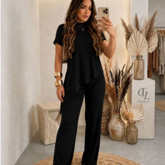 Conjunto Feminino Ribana Calça Pantalona e Blusa Manga Curta Assimétrica Elegante Sofisticado Casual Confortável