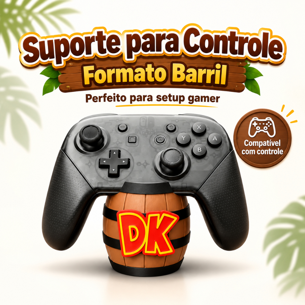 Suporte para Controle Gamer Universal Barril Donkey Kong Nintendo Switch PS5 Xbox PC Base Decorativa para Setup
