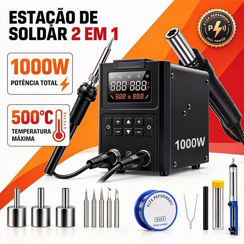 Estação de Solda e Retrabalho 2 em 1 700W Profissional com Ar Quente, Ferro de Solda, LED Duplo e 13 Acessórios