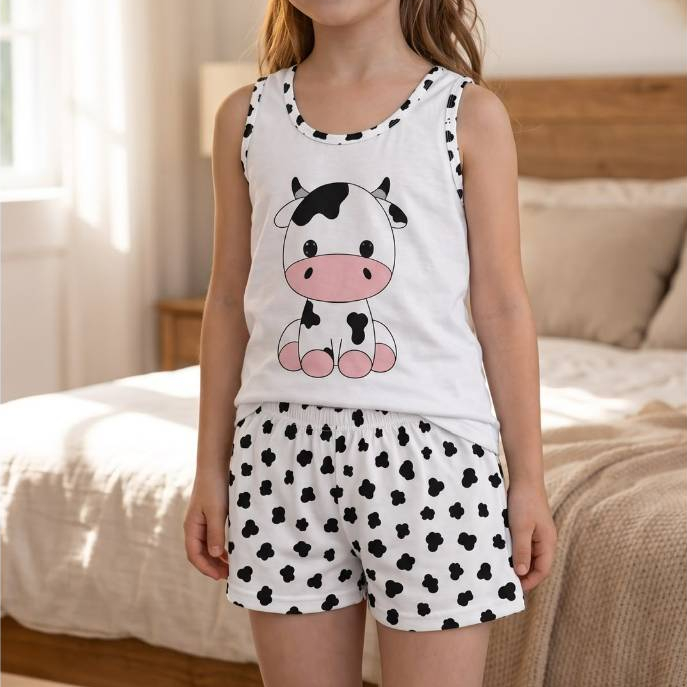 Pijama Infantil Feminino Vaca Preta Camiseta e Short Conjunto Confortável