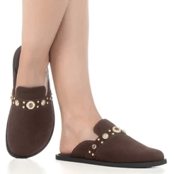 Sandália Feminina Mule Clog Camurça Tachas Metalizadas Conforto Casual GiGiL Emily