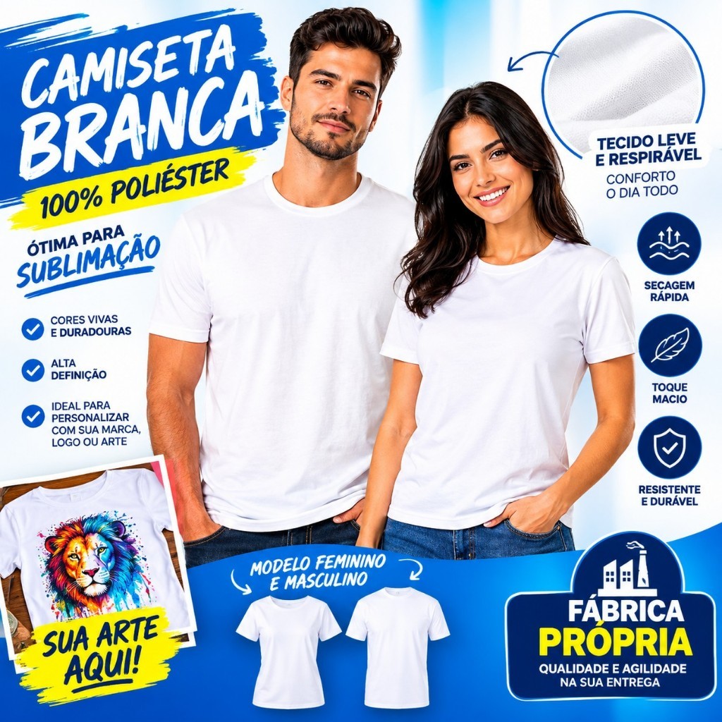 Camiseta Branca Lisa 100% Poliéster para Sublimação Masculina e Feminina Fábrica Própria
