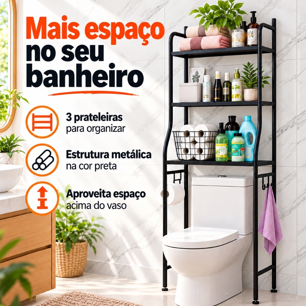 Estante Para Banheiro 3 Prateleiras Em Metal Rack Organizador Cor Preto