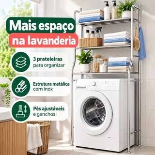 Estante Maquina de Lavar em Aço Inox com tres prateleiras em metal rack organizador Lavanderia