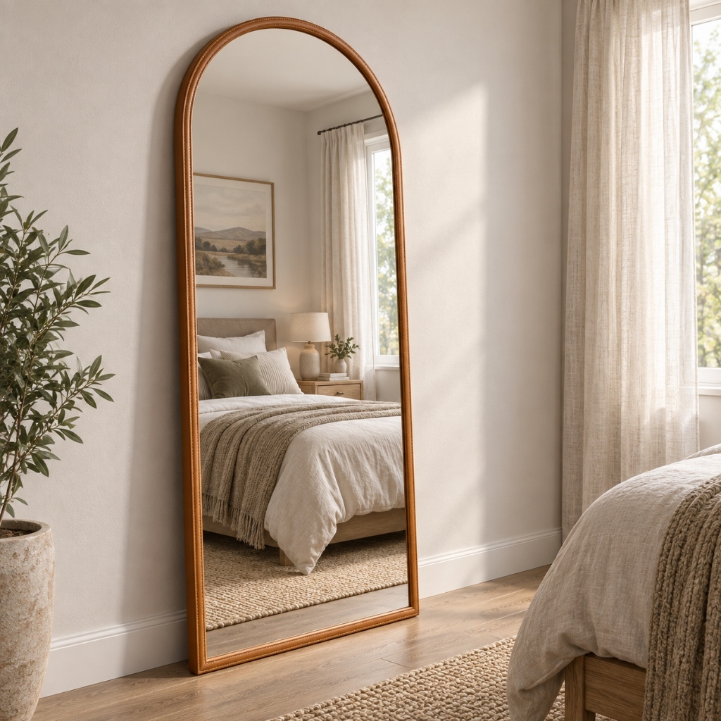 Espelho Orgânico Janela Moldura Em Couro Decorativo Corpo Inteiro Oval Base Reta Moderno Premium Parede Sala Hall