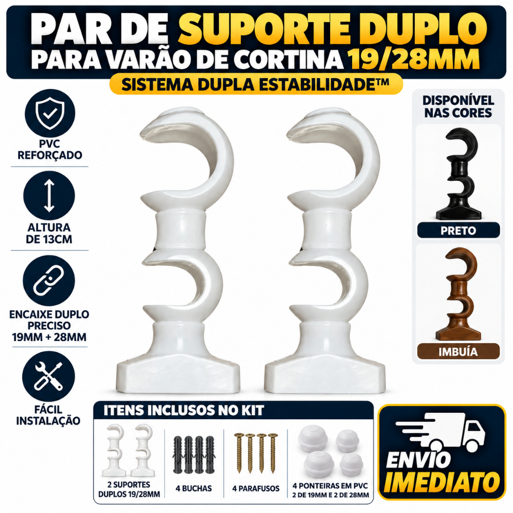 Par de Suporte Duplo para Varão de Cortina 19/28mm em PVC – Sistema Dupla Estabilidade™