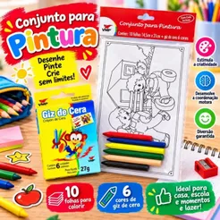 Kit Desenhos para Colorir Infantil Animais+6 Giz de Cera Atividade Educativa Pintura Safari Fazenda Zoológico 14,5x21cm
