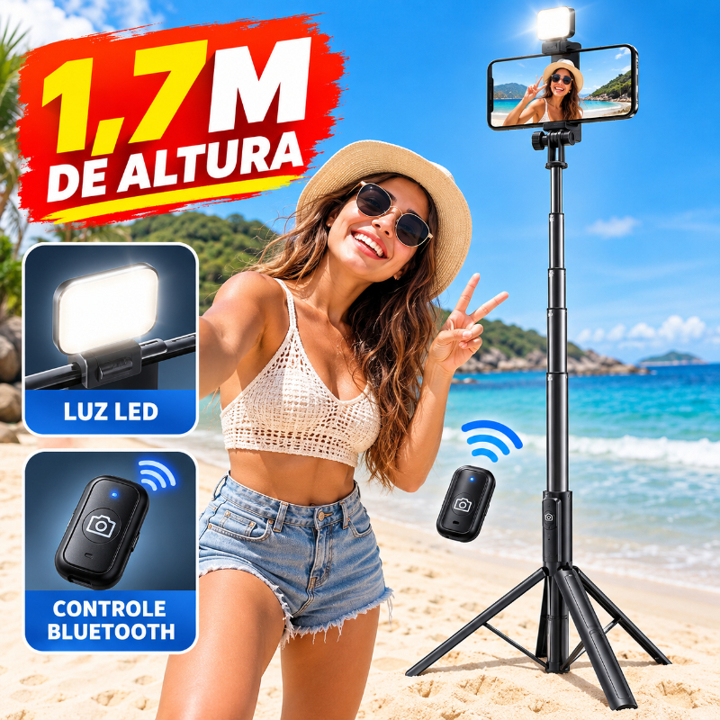 Bastão de Selfie Tripé 1,7m com Luz LED e Controle Bluetooth, Suporte 360° para Celular