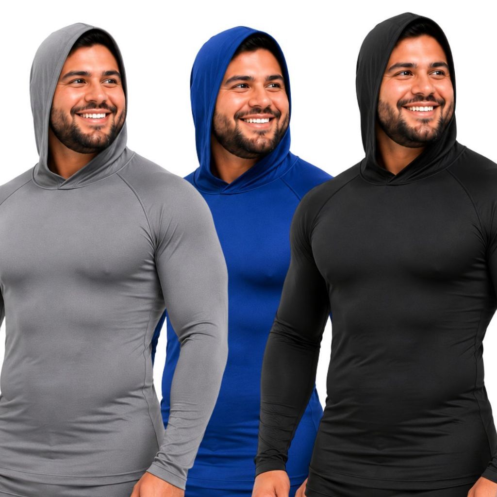KITS CAMISETA DE CAPUZ UV50+ TÉRMICA MANGA LONGA PROTEÇÃO SOLAR LEVE FLEXÍVEL ACADEMIA ESPORTES
