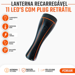 Lanterna LED Recarregável Foxlux 11 LEDs 6500K Bivolt