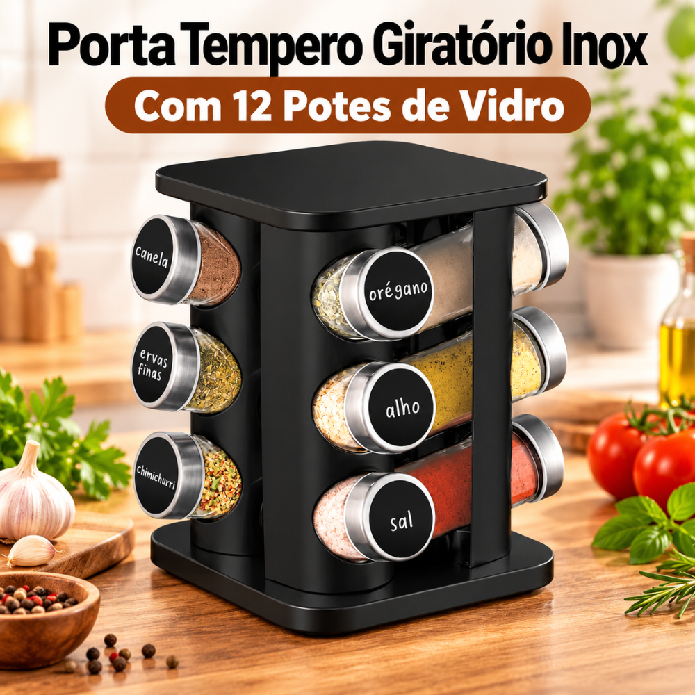 Porta Tempero Giratório 12 Potes Vidro Organizador de Condimentos Cozinha