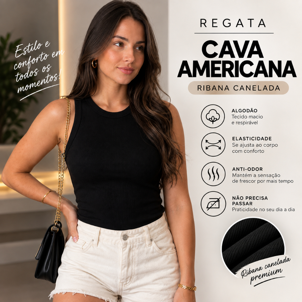 Regata Feminina Estilo Americana Tendência Verão Canelada Blusinha Básica Premium Ribana Canelada
