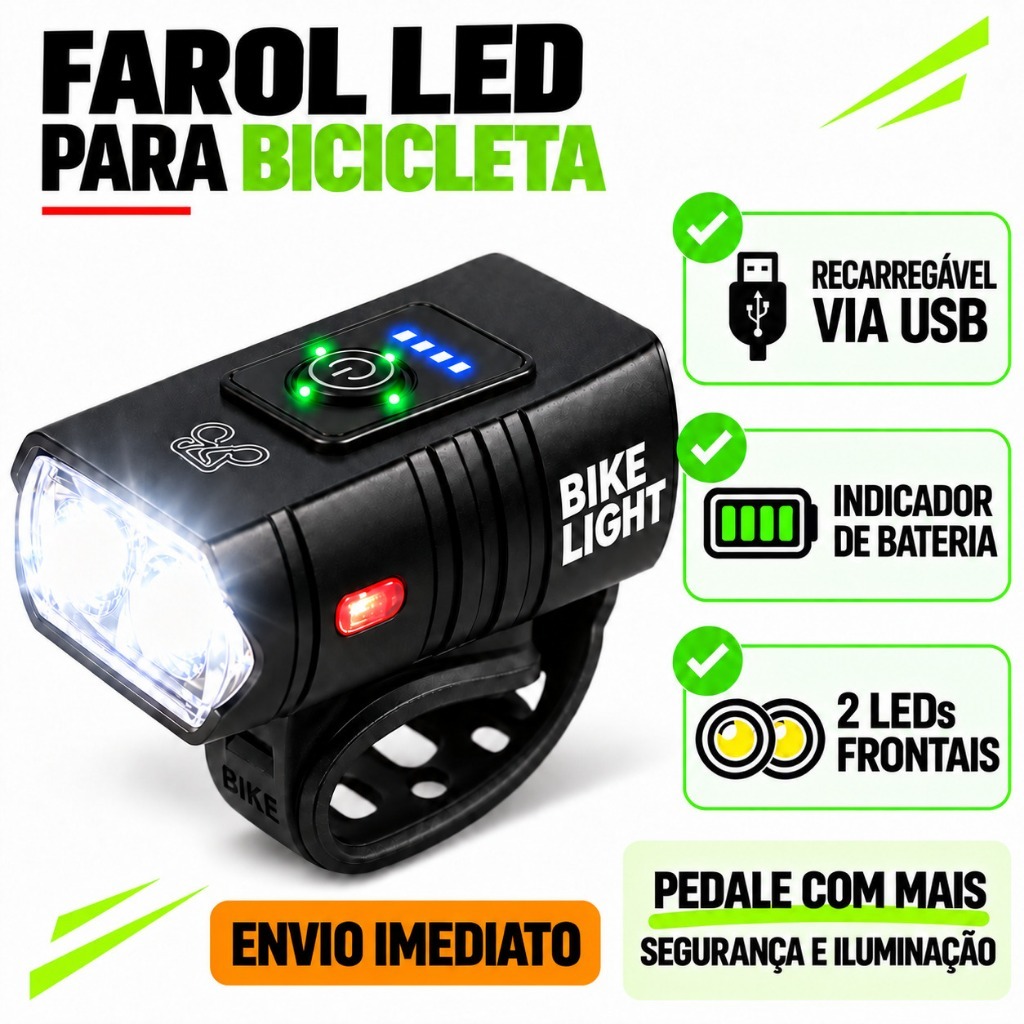 Farol Bicicleta T6 2 LEDs Potente Lanterna  Recarregável USB Resistente à Água em aluminio