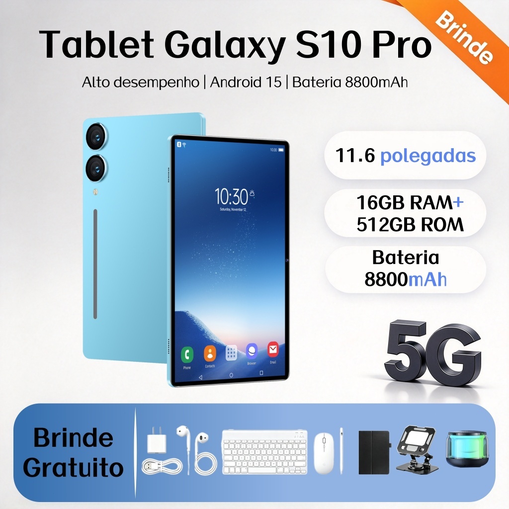 【Teclado e mouse grátis】Tablet Galaxy S10 Pro 11,6 polegadas, 16 GB + 512 GB, 8.800 mAh, 5G, Android, Bluetooth, Wi-Fi