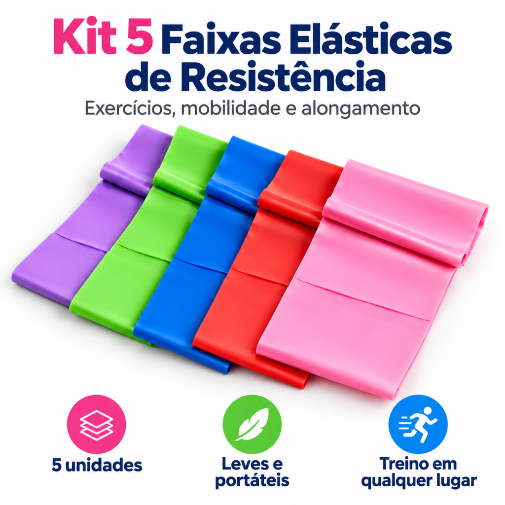 Kit 5 Faixas Elásticas de Resistência para Exercícios Academia Treino Funcional Alongamento Pilates Fitness