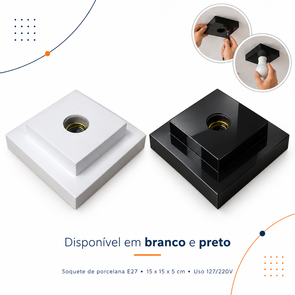 Luminária Plafon Branco Preto Lustre de Teto Quadrado Com Soquete Porcelana E27 para uso doméstico