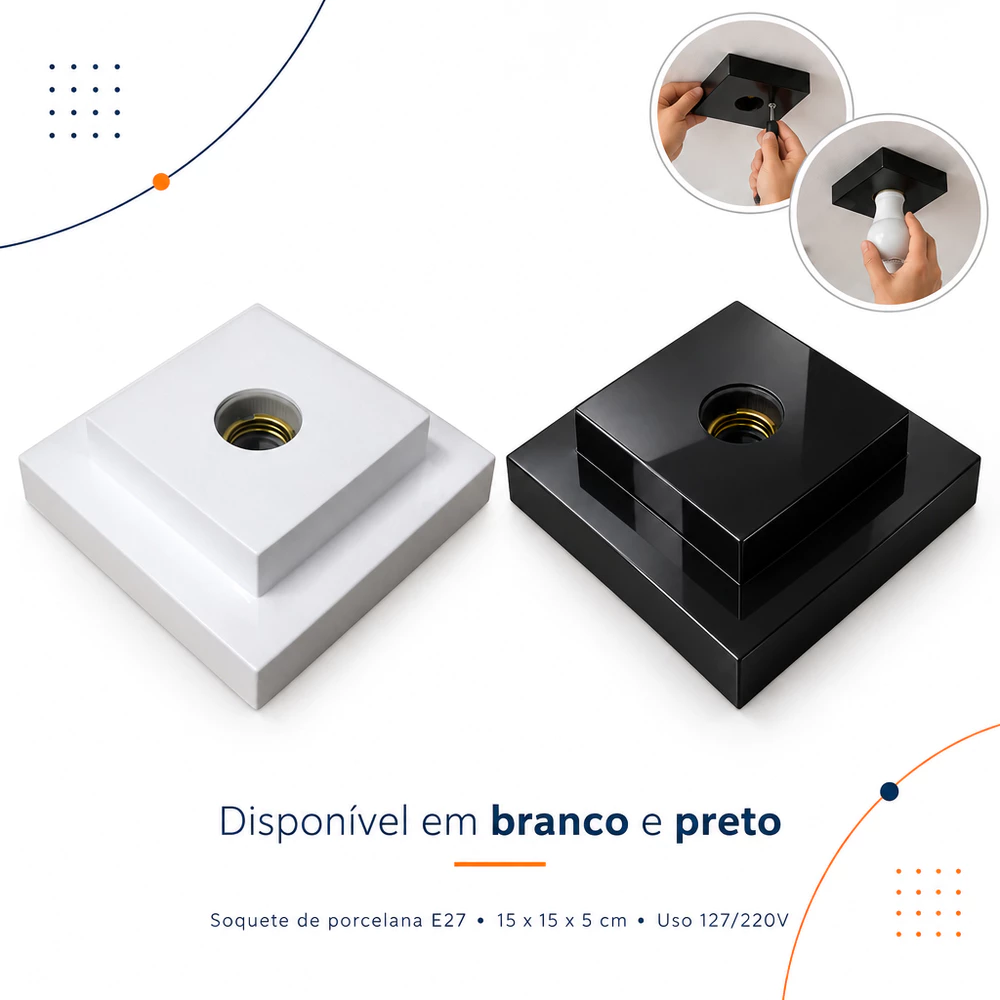 Luminária Plafon Branco Preto Lustre de Teto Quadrado Com Soquete Porcelana E27 para uso doméstico