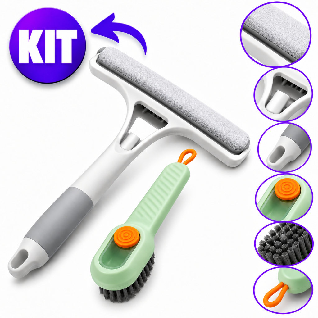 Kit Limpeza Rodo Mágico Mop 3 em 1 com Spray Limpa e Seca + Escova Multiuso com Dispenser para Detergente