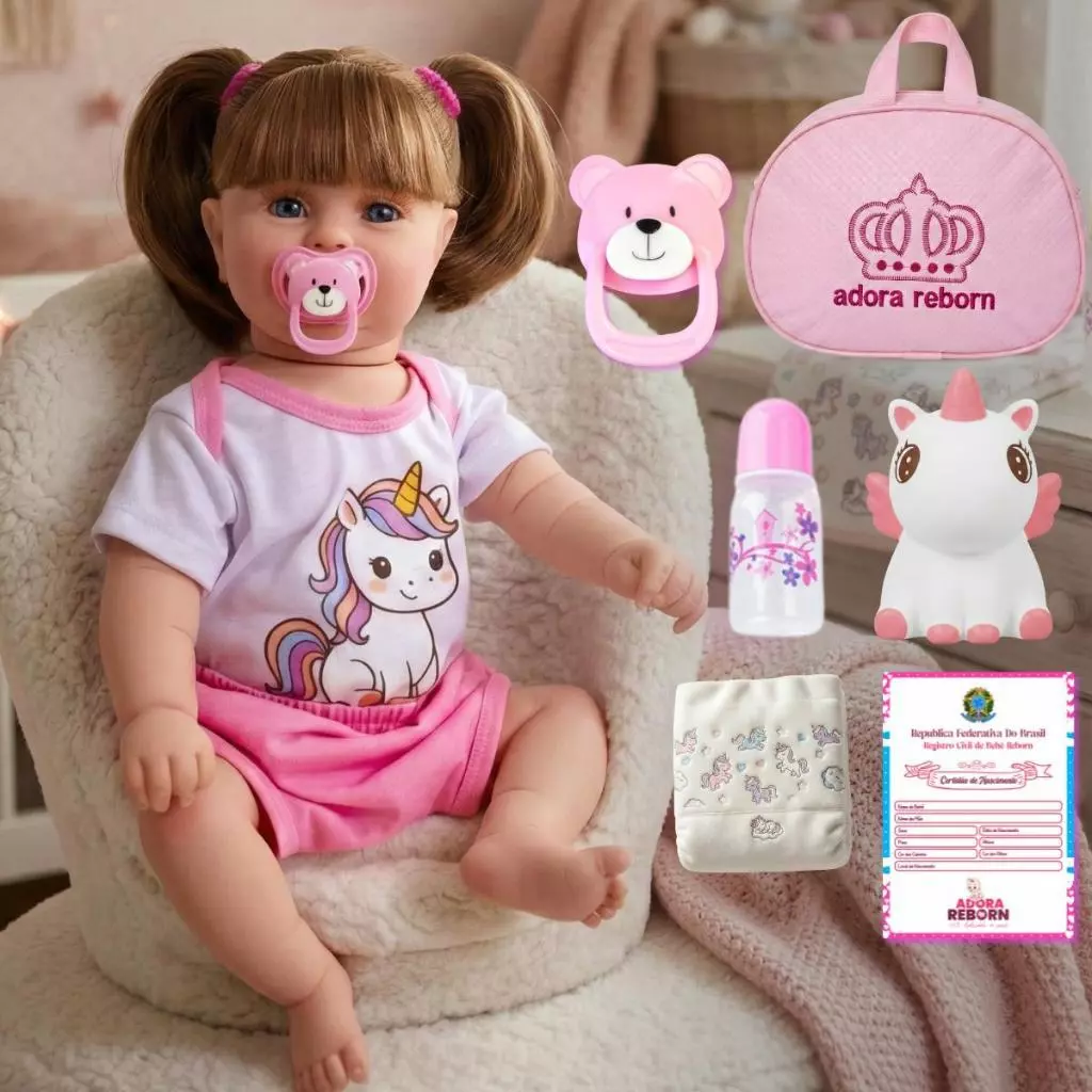 Boneca Bebê Reborn Unicórnio Menina Original Realista de Silicone Pode Dar Banho Com Bolsa Maternidade — imagem 1