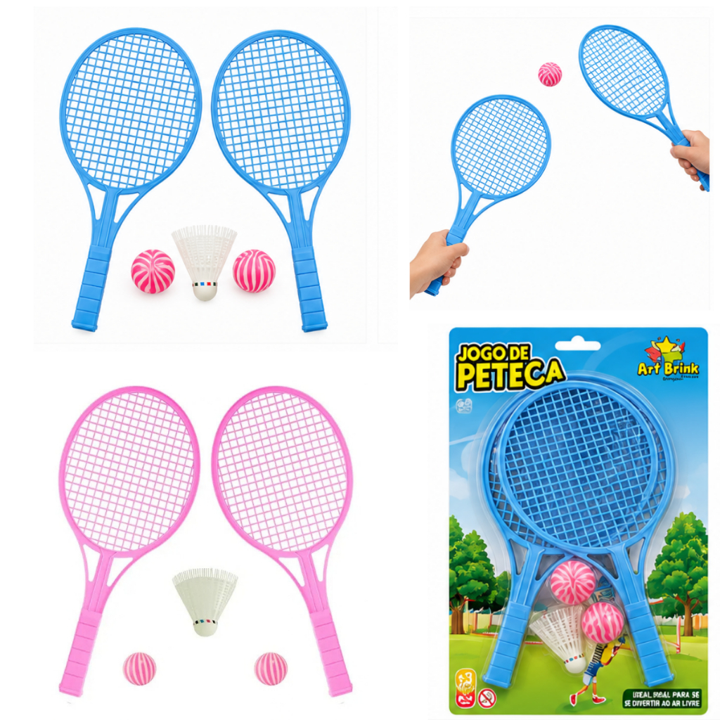 Jogo de Peteca Infantil com 2 Raquetes e Bolinhas 34cm Menina Menino Brinquedos Diversao