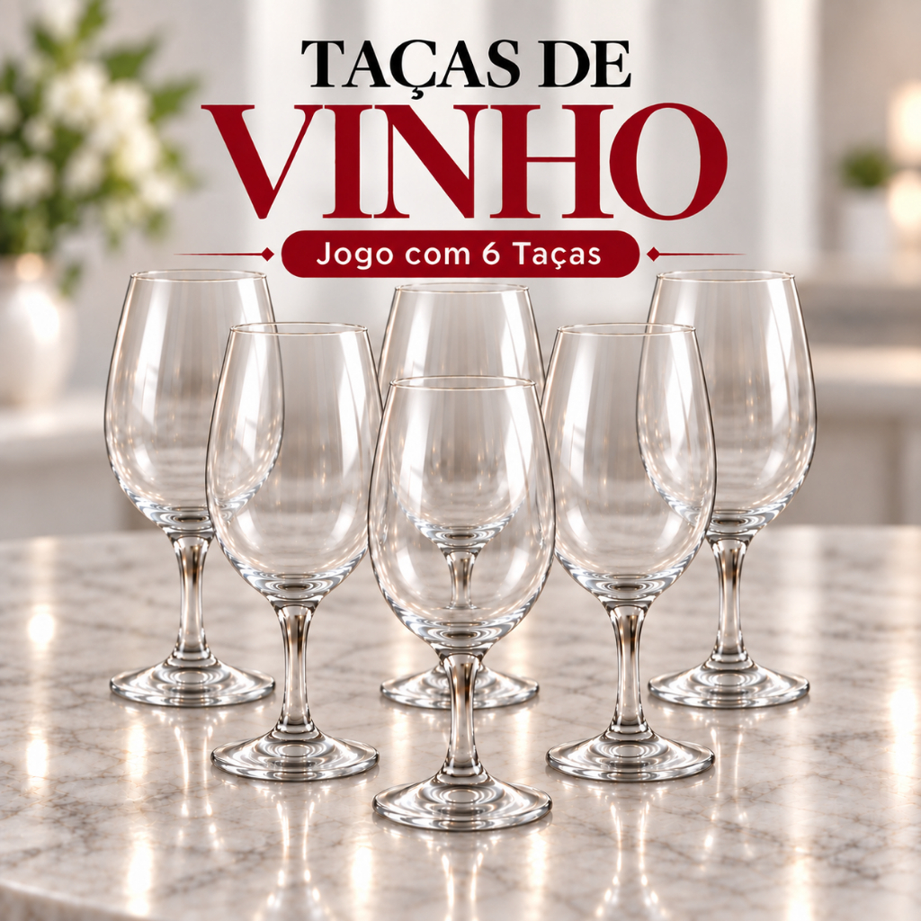 Jogo 6 Taças de Vinho Tinto 615ml Vidro Cristal Transparente Água Premium Original Elegante Titanium Grande