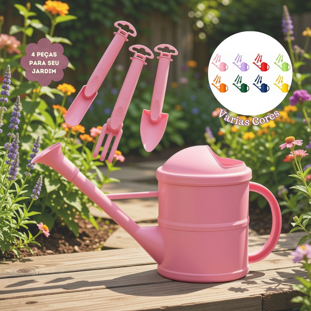 Kit Jardinagem - 4 Peças com Regador e Ferramentas Varias Cores para Plantas, Vasos, Horta e Jardim