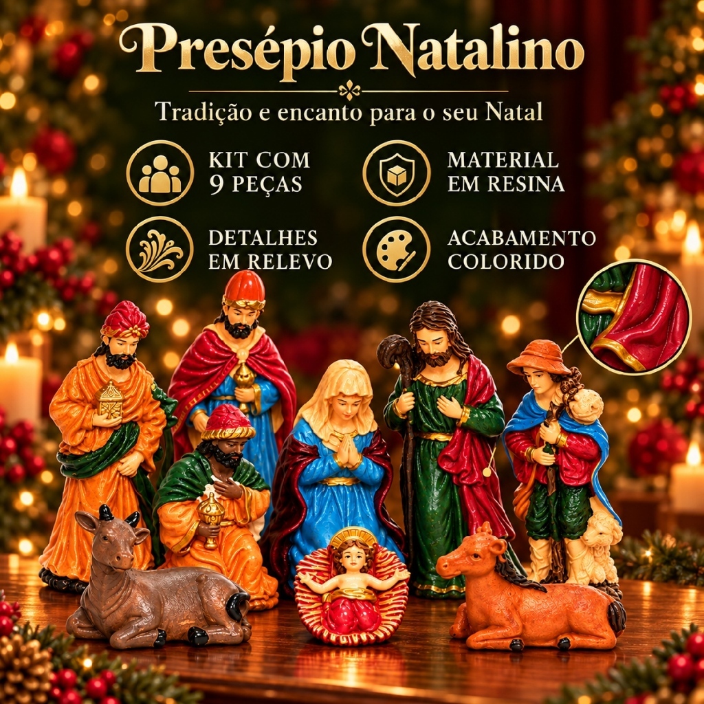 Presépio Natalino Completo Realista 9 Peças Resina Enfeite Decorativas Festa Nascimento Jesus Manjedoura Item Luxo — imagem 2 de 2