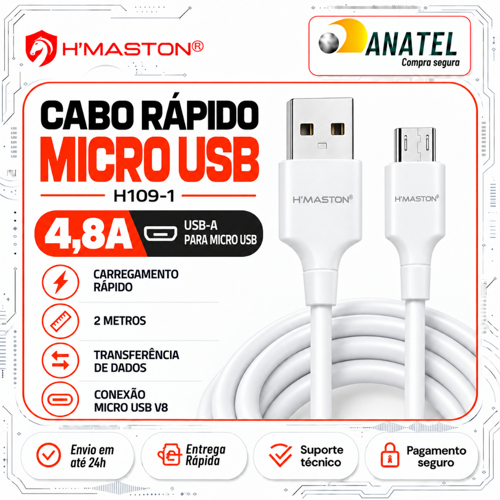 Cabo Micro USB V8 2 Metros Reforçado 4.8A Carregamento Rápido e Dados para Celular Smartphone Android 2M H'Maston H109-1
