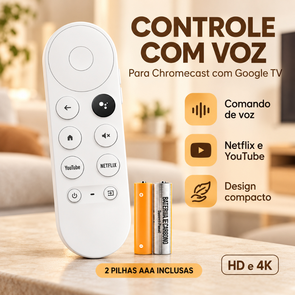 Controle Remoto Compatível com Google TV Chromecast 4K HD com Comando de Voz Atalhos Netf…