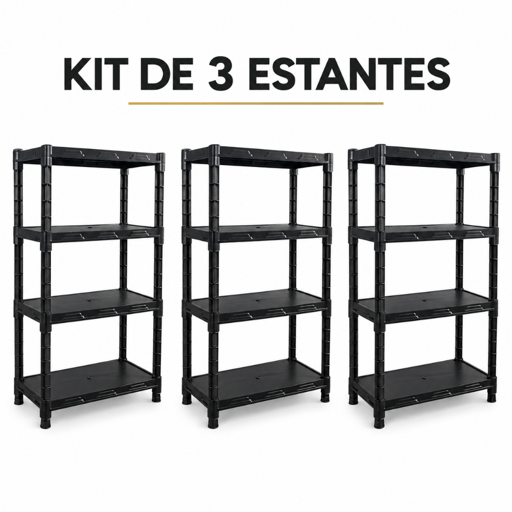 Kit Estante Prateleira Organizadora Plástica Modular Multiuso com Pezinhos Preta Cozinha Banheiro Lavanderia