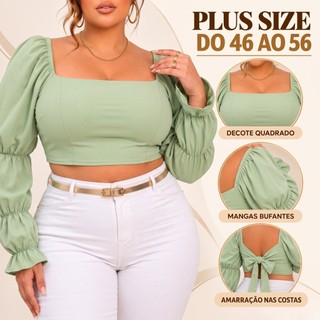 Cropped Manga longa Plus Size Cropped Chique Cropped Paty Princesa Blusa Costa Nua Cropped Frente Ùnica Crooped 46 ao 56