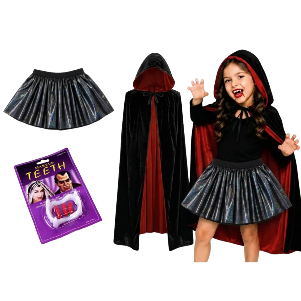 Fantasia De Vampira 04 Peças Infantil Menina Halloween Carnaval Festa 80cm
