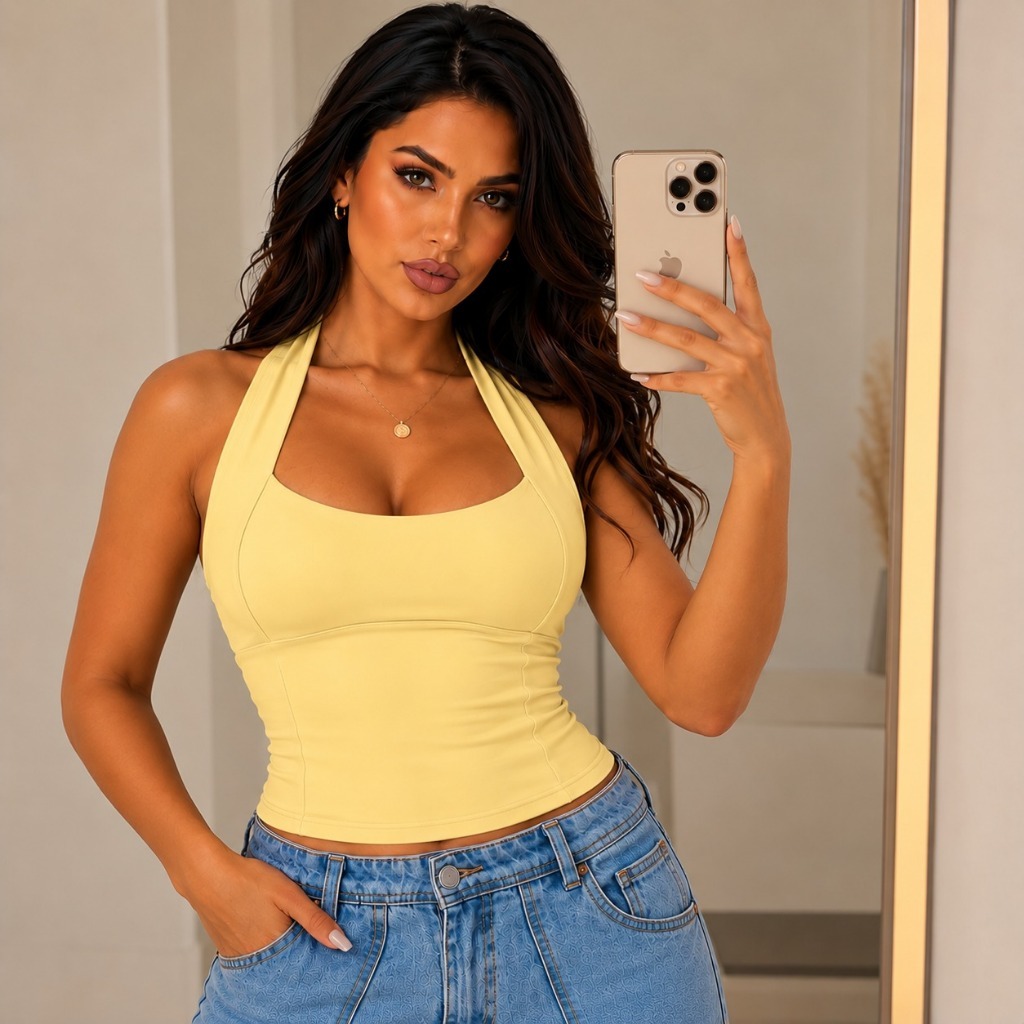 Blusa Feminina Antonella Top Halter Cropped Decote Frente Única Alta Compressão Costas Nua Moda Verão Casual