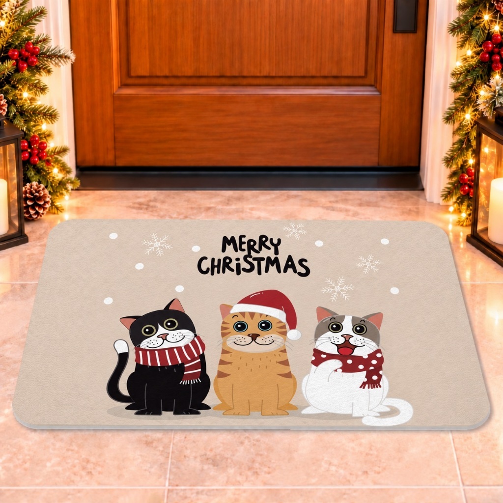 Tapete de Entrada Natalino Antiderrapante 60x40cm Decoração de Natal Gatinhos