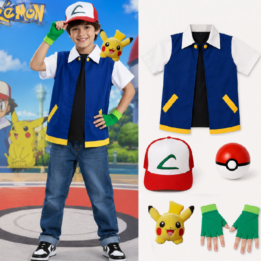 Fantasia Completa Ash Pokemon Treinador Cosplay Pikachu Infantil Criança Festa Colete + Boné + Luva