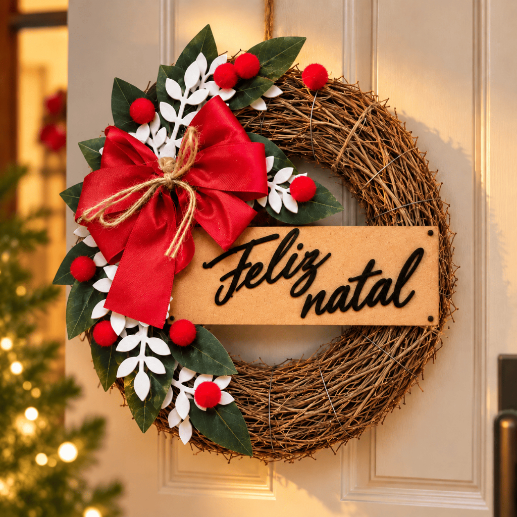 Guirlanda Natalina Enfeite de Natal para Porta com Laço Vermelho Elegante de 30cm Luxo