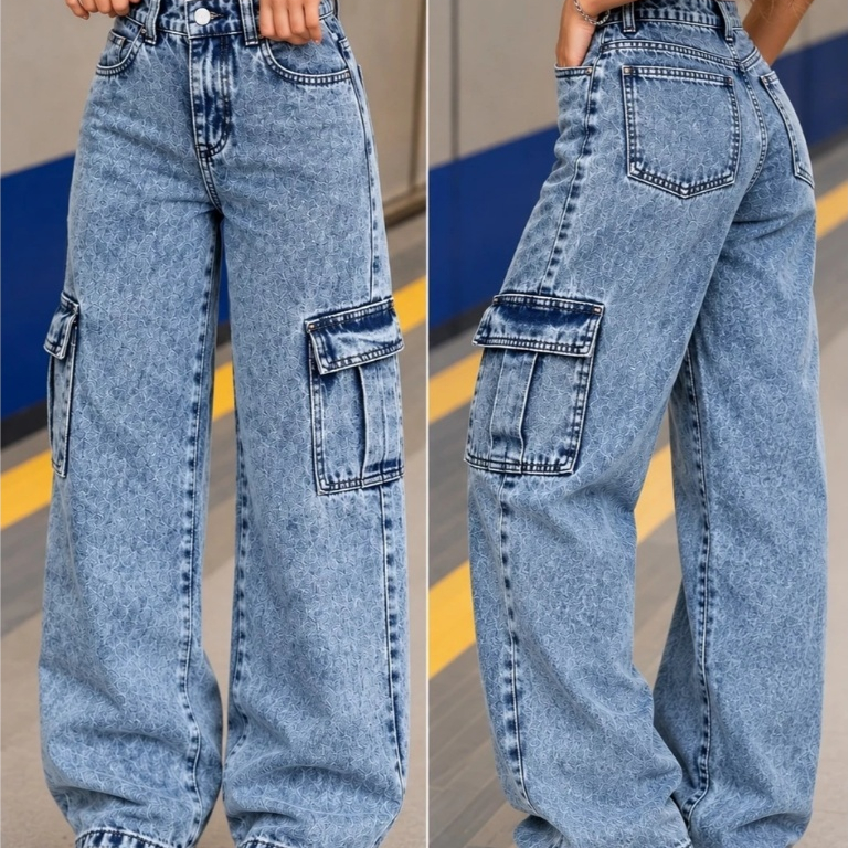 Calça Cargo Jeans Menina blogueirinha Juvenil 10 ao 16 anos com bolsos laterais premium Criança Tendência