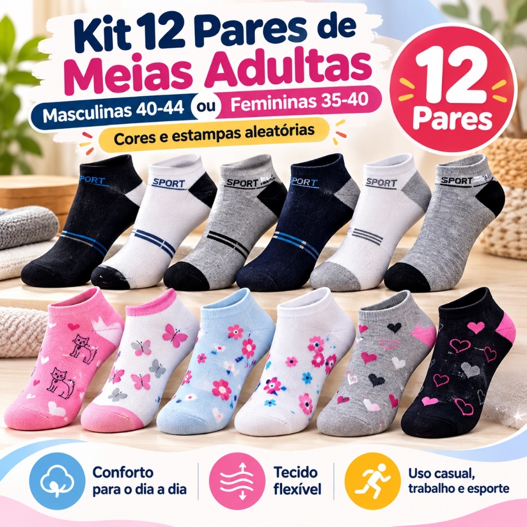 Kit 12 Pares de Meias Masculinas 40-44 ou Femininas 35-40 Cores e Estampas Aleatórias