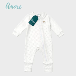 Macacão de Bebê Amore Vira Pé Bolinha Com Zíper 100% Algodão