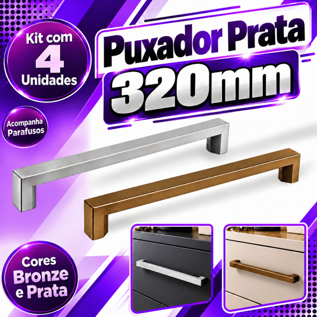 Kit 4 Puxador Prata 320mm Para Móveis Porta Gaveta Armário