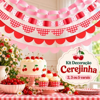 Kit Decoração Festa Cerejinha Varal Corrente Bandeirolas Rosa Vermelho Aniversário