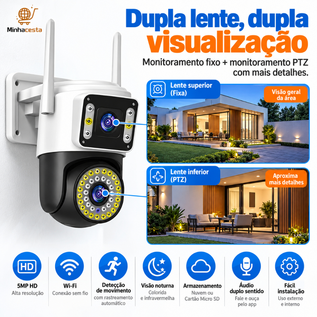 Câmera Segurança WiFI IP 2 Lentes Visão Noturna Microfone a Prova D'água gira 360 App V360 G1