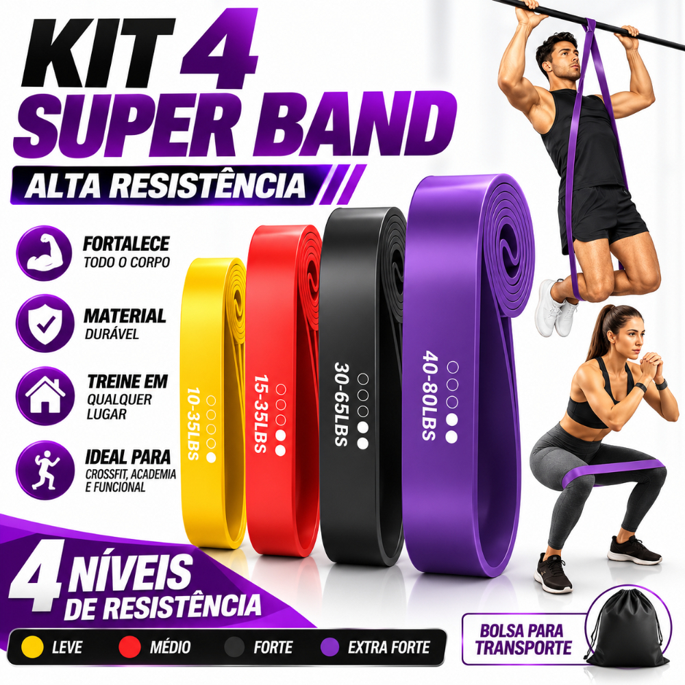 Faixa Elástica Super Band Kit 4 Tensões Alta Resistência para Crossfit, Academia e Exercícios