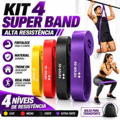 Faixa Elástica Super Band Kit 4 Tensões Alta Resistência para Crossfit, Academia e Exercícios Funcionais