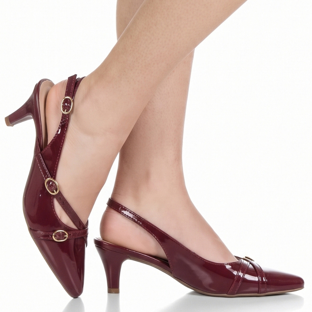 Sapato Feminino Scarpin Social Slingback Bico Fino Salto Fino Baixo Fivelas Verniz Confortável GiGiL · foto 2