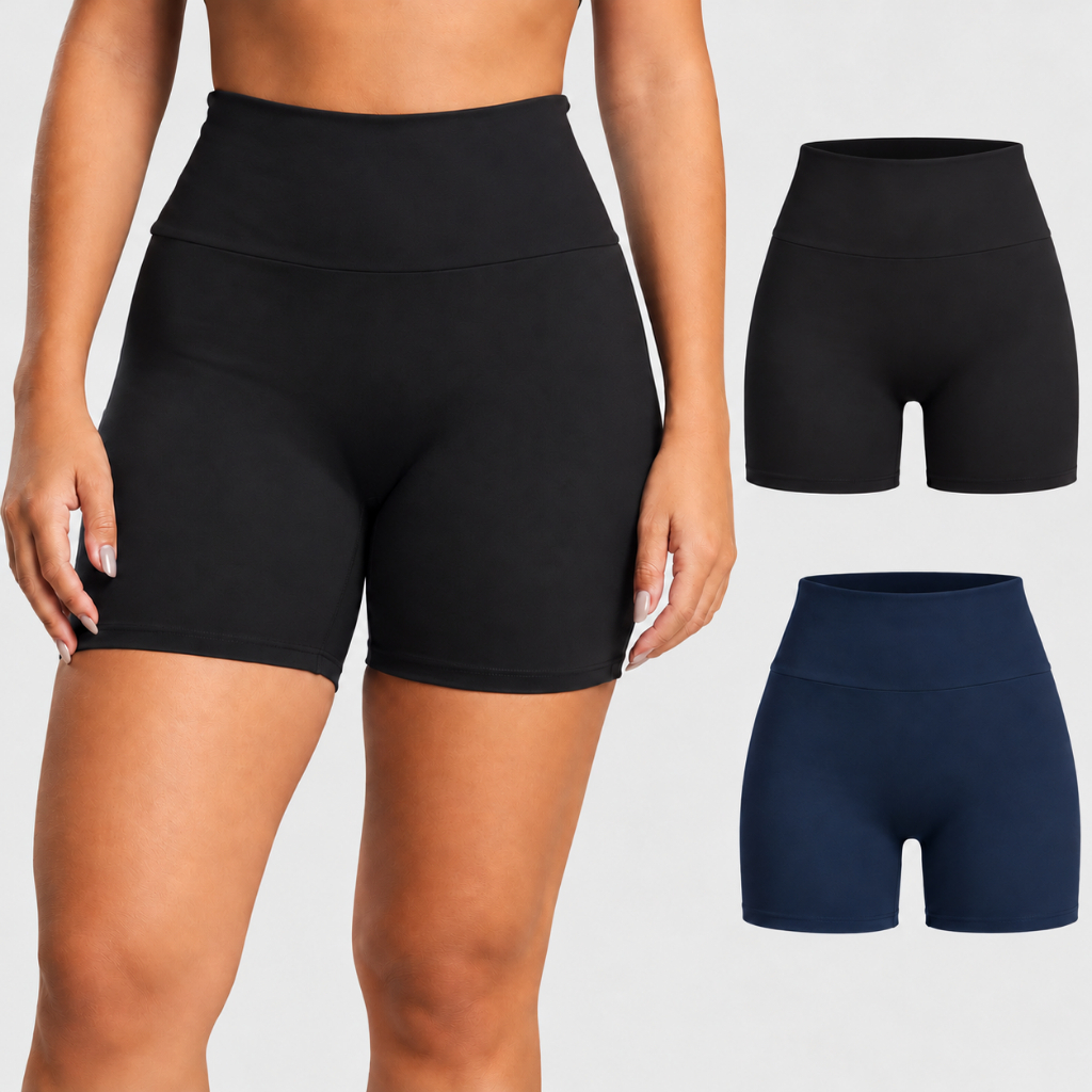 Kit 2 Shorts Fitness Feminino Cintura Alta Academia Treino Poliamida Academia Corrida Caminhada Yoga Fit Compressão
