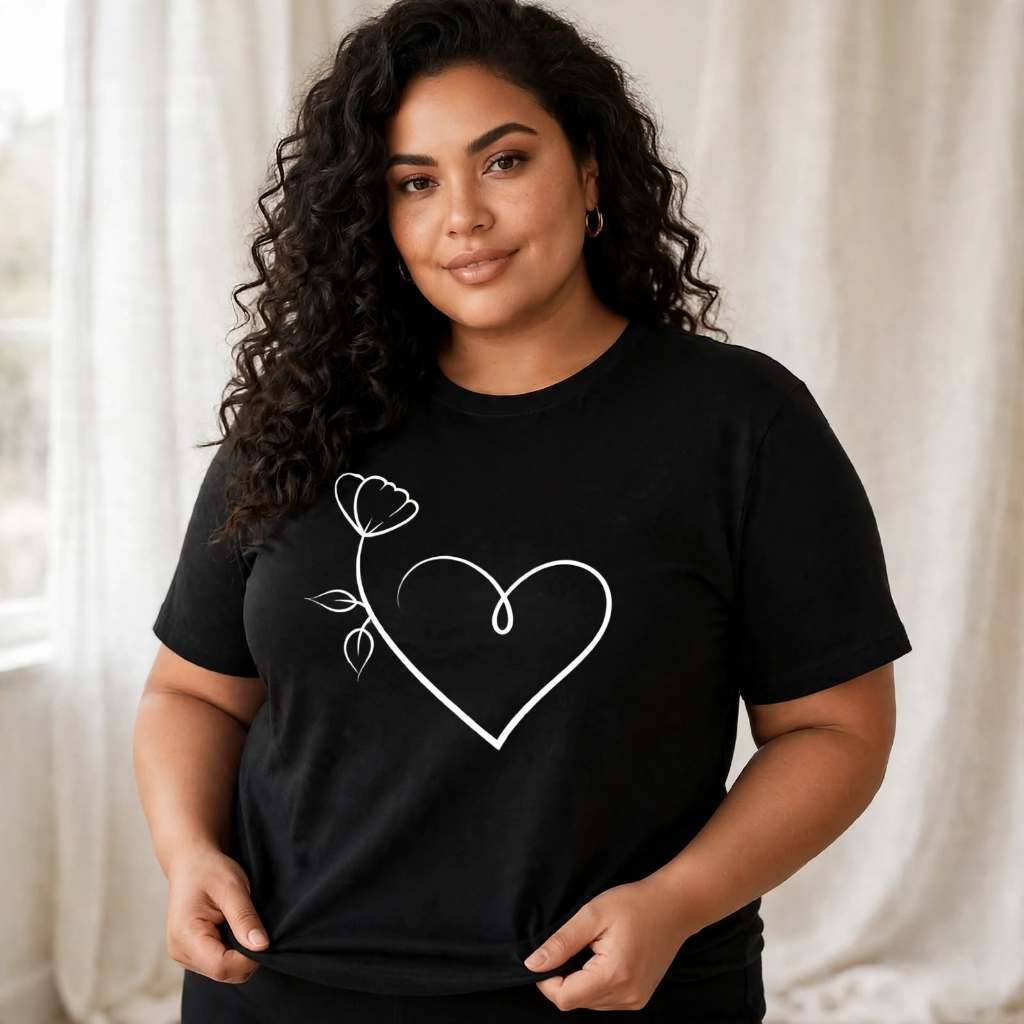 Camiseta Plus Size Feminina Estampada Do P Ao G5 Coração Rosa Academia Treino 100% Algodão Premium Verão Blusa Plus Size